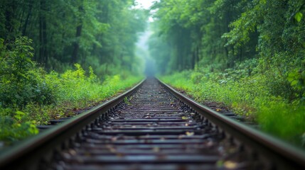 Fototapeta premium A railway track stretches into the misty forest, flanked by lush green trees, portraying a journey into the heart of nature, inviting exploration and wonder.