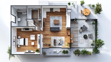 Top-down 3D floor plan of a modern home, showcasing a beautiful open-concept living house layout with seamless room transitions.