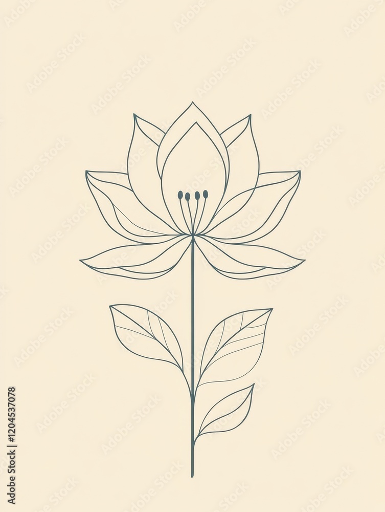 Aufkleber elegant line drawing of a lotus flower with delicate leaves on a light background showcasing simplic