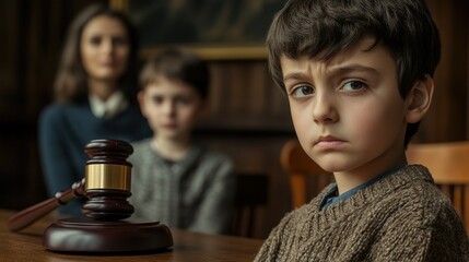 Sad boy sitting at a table in the background of his parents.