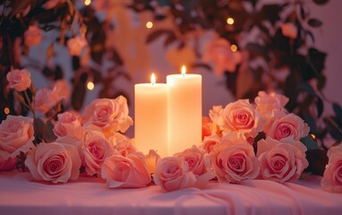 A romantic candle centerpiece surrounded by roses and glowing under soft light on a blush pink surface for valentines day