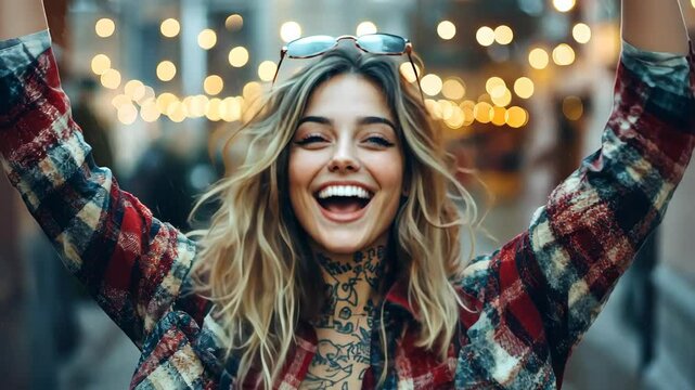 A joyful tattooed woman dances freely in the rain, embracing lifes moments with vibrant energy and carefree spirit.