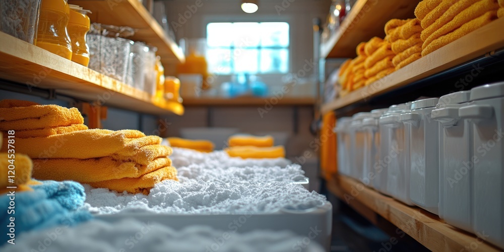 Poster towels stored in a large space, mostly yellow color