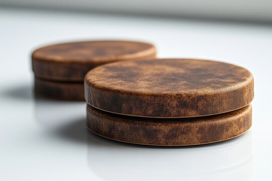 Three wooden coasters placed on a clean white table, ideal for decorative or functional use