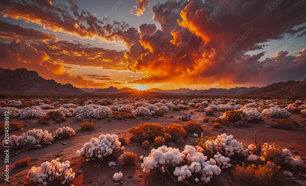 Poster desert landscape with a beautiful sunset in the background. the sky is filled with clouds and the su