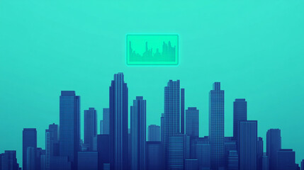 Obraz premium Climate solutions and sustainability. Urban skyline with digital overlay in vibrant teal and blue hues.
