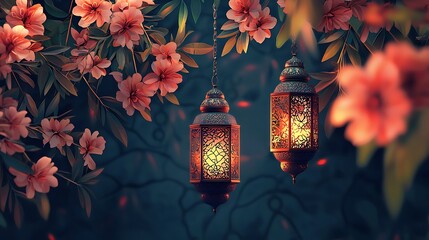 Happy EID Mubarak Islamic festival poster background design with flowers and lanterns, suitable for Ramadan Kareem , Hari Raya, Eid Mubarak, Eid al Adha. Eid