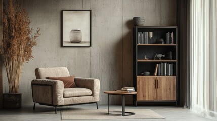 Fototapeta premium Cozy armchair in modern living room with bookshelf and art