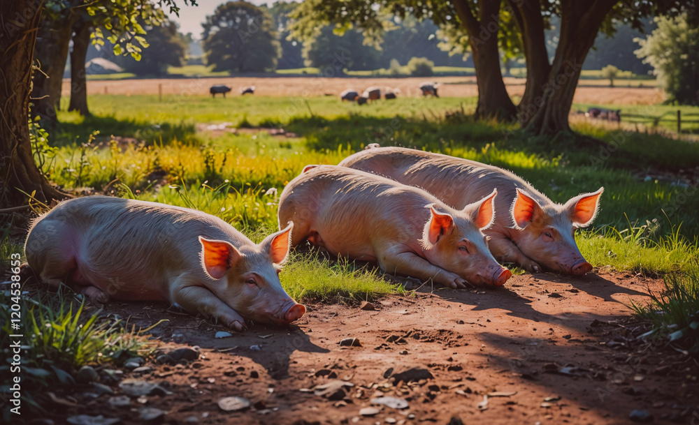 Poster three pigs are laying down in a field. the pigs are surrounded by grass and trees, which creates a s
