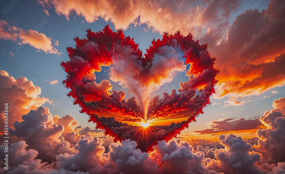Poster heart is drawn in the sky with clouds and a sun. the heart is surrounded by clouds and the sun is sh
