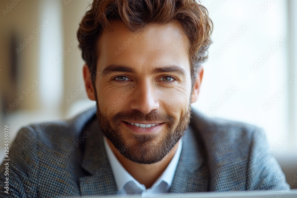 Poster a smiling man with a beard looking directly at the camera, suitable for use in editorial or commerci