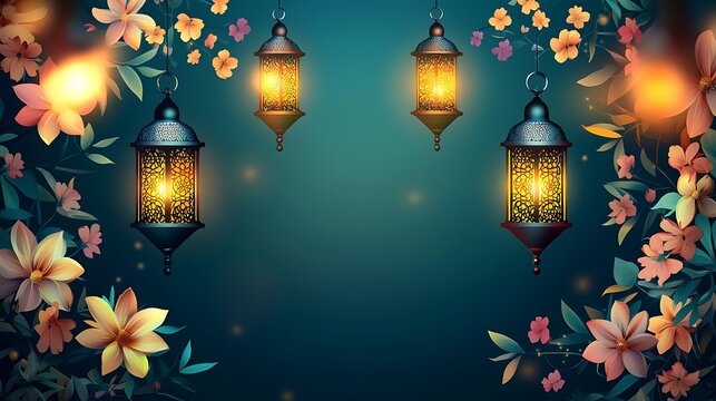 Happy EID Mubarak Islamic festival poster background design with flowers and lanterns, suitable for Ramadan Kareem , Hari Raya, Eid Mubarak, Eid al Adha. Eid