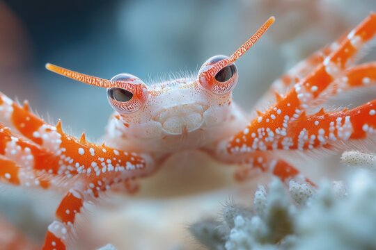 Close-up view of a crabfish's eyes, featuring distinctive markings and pupils