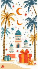 Obraz premium Festive gifts under palm trees near mosque