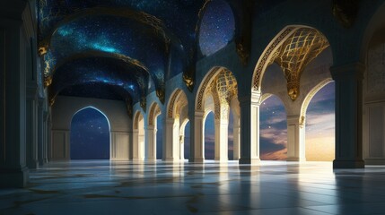 Celestial Hallway A Starry Night Scene Within An Elegant Palace