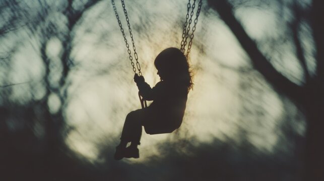 A child on a swing is silhouetted against the soft glow of the sunset, capturing the essence of innocent joy and timeless memories.