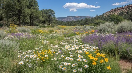 Vibrant wildflowers bloom in a sunny meadow, nestled amongst trees and mountains under a partly cloudy sky. © huhu