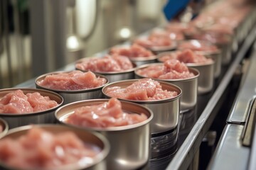 Open tuna cans moving along production line in food processing plant
