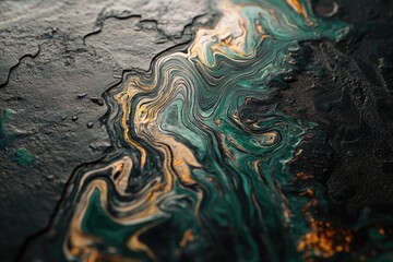 Abstract art featuring swirling teal, gold, and black paint creating a mesmerizing, textured, and...