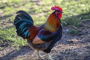 A rooster standing on the ground in the grass, great for farm or country-themed designs