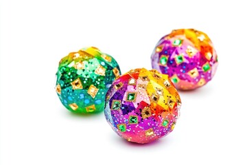 Three colorful Christmas decorations on a white background