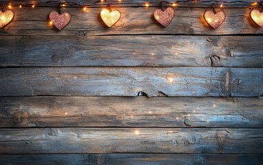 A rustic wooden texture background adorned with tiny heart-shaped fairy lights for valentines day