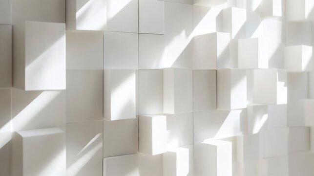 Abstract white cube wall with sunlight shadows.