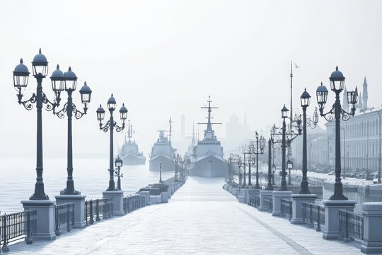 The ancient Peter Great pier is captured on a bright August afternoon in Kronshtadt, Russia