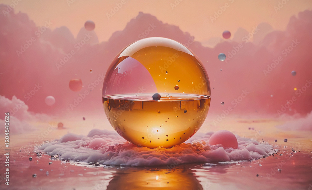 Poster glass ball with a pink background and a pink cloud in the background. the ball is surrounded by many