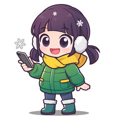 Fototapeta premium A cartoon woman looking at smartphone