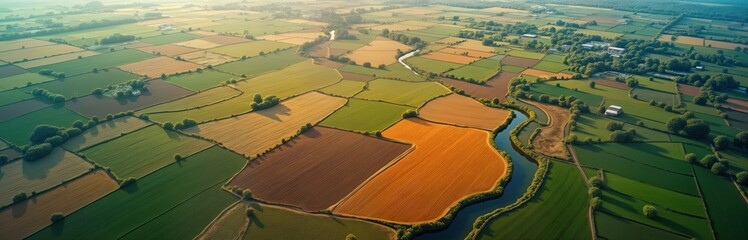 Aerial view of agricultural landscape. Fields of different colors, shapes organized in regular pattern. River flows through landscape. Rural farm buildings, trees visible. Farmland management, tech