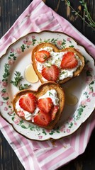 cozy breakfast setup featuring heart-shaped toasts served on a delicate floral print plate, styled for a rustic, inviting vibe