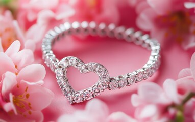 A silver heart-shaped bracelet with sparkling diamonds, placed on a soft light pink floral backdrop for valentines day