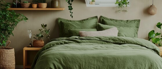 Olive green linen bedding in a bedroom with plants.