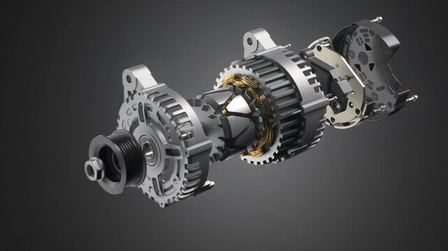 Structure and scheme of car alternator, generator on black background.. 3d animation