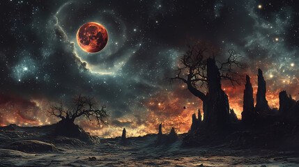 Blood moon in a starry night sky celestial event photography. Lunar Eclipse. Illustration