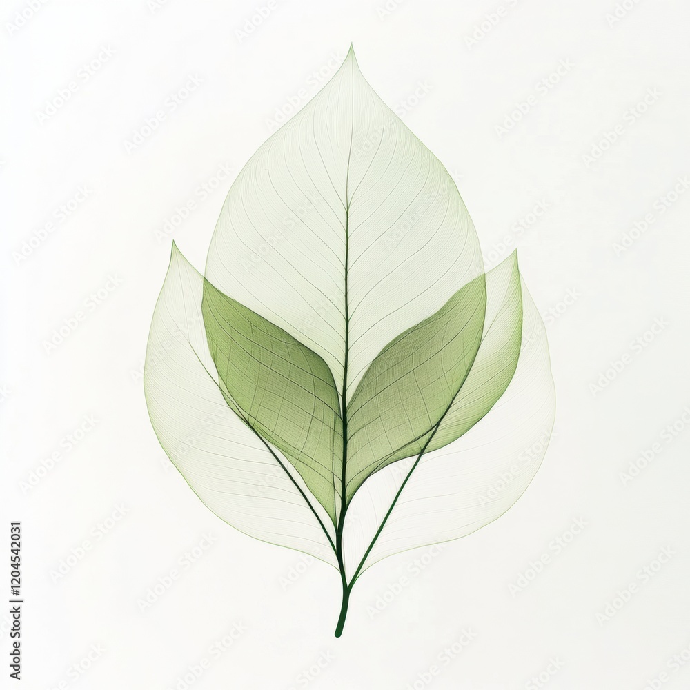 Poster delicate green leaves arranged in layered composition for botanical art display in natural lighting.