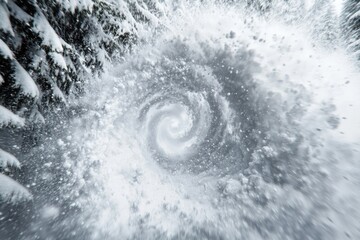 A swirling vortex of snow creates a mesmerizing winter spectacle, captured in motion blur.