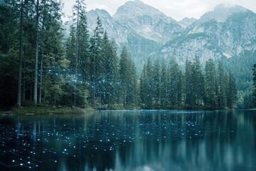 Futuristic forest communicating through a network of lights reflected on a lake
