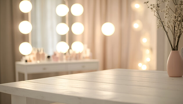 Defocused makeup mirror in dressing room with wooden table top