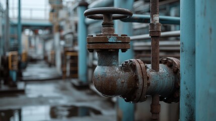 An industrial valve stands sturdy against a backdrop of pipes and blurred machinery, capturing the essence of a busy industrial environment.