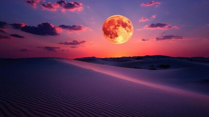 Desert sunset with giant red moon;  romantic travel poster