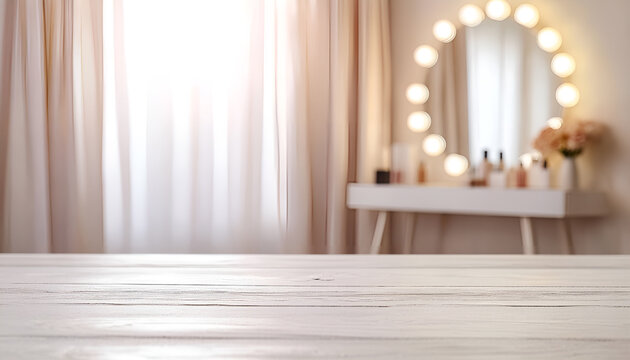 Defocused makeup mirror in dressing room with wooden table top