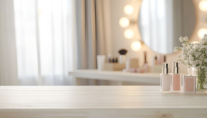 Defocused makeup mirror in dressing room with wooden table top