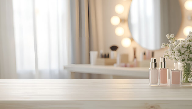 Defocused makeup mirror in dressing room with wooden table top