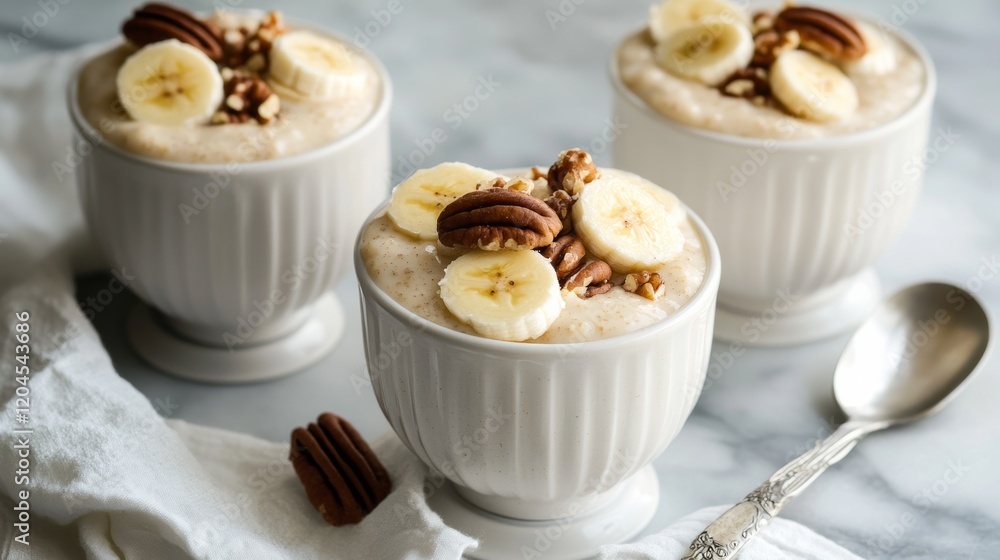 Canvas Prints Elegant cups filled with creamy banana and pecan dessert, beautifully garnished, sitting on a marble table.