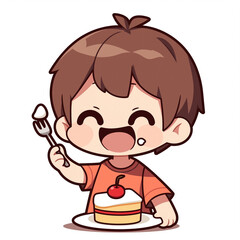 A cartoon boy happily holding a fork in front of a cake on a plate