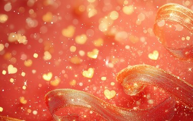 A sparkling coral backdrop with swirling golden ribbons and tiny heart accents for valentines day