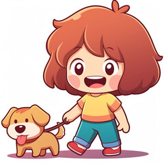 Obraz premium A cartoon girl walking the dog