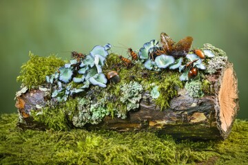 Naklejka premium Insects and fungi thrive on a mossy log in a vibrant forest setting.